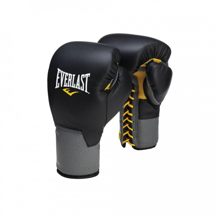 Боксерские перчатки Everlast тренировочные на шнуровке Pro Leather Laced черные (10 унций, Кожа, Everlast, 350, 170, 160, Черный) 10 унций