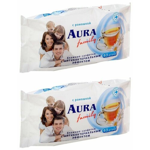 Aura Влажные салфетки Aura Famil y для всей семьи, в уп. 63 шт, 2 уп