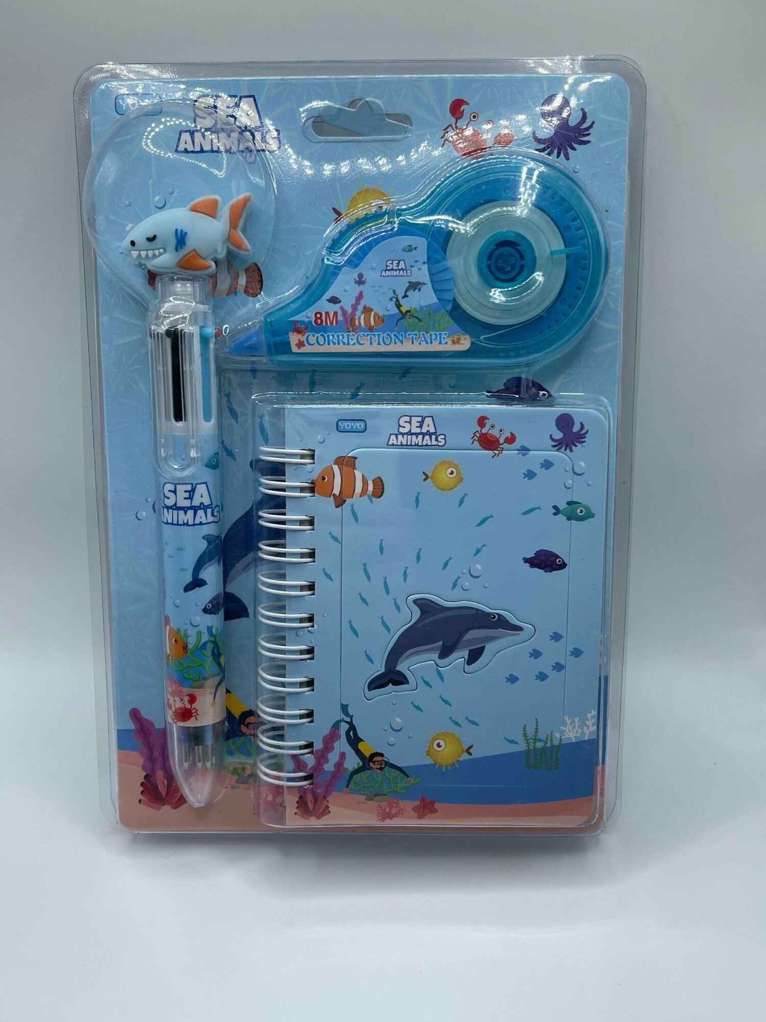 Канцелярский набор "Морские животные", блокнот с многоцветной ручкой, корректор/подарок