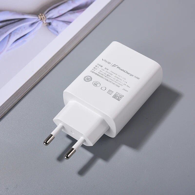 Оригинальное быстрое зарядное устройство Vivo, 44 Вт, EU/US FlashCharge 2,0, адаптер Type C, кабель для VIVO Y100, Y36, Y78t, X80, X70, X60, IQOO Neo 5, Z5X, Z6, Only EU Charger