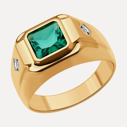 Изображение товара Печатка, красное золото, 585 проба, бриллиант, изумруд синтетический