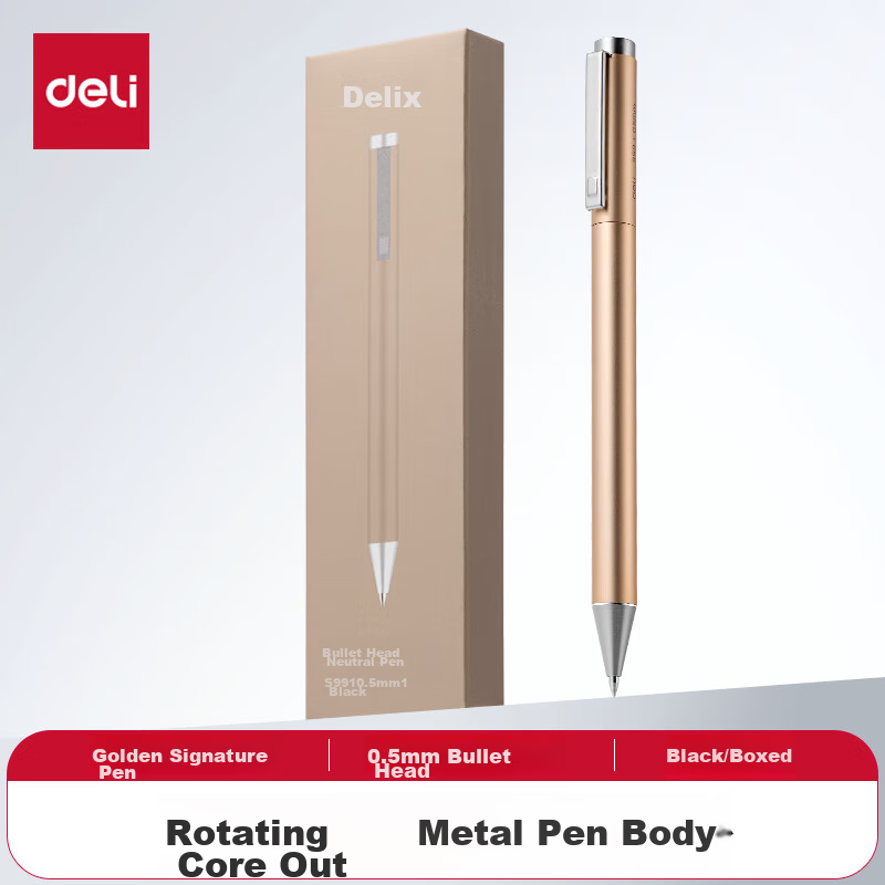 Deli Metal Rotating Gel Pen, 0.5mm Bullet Tip, Gold, Single Pen, S99