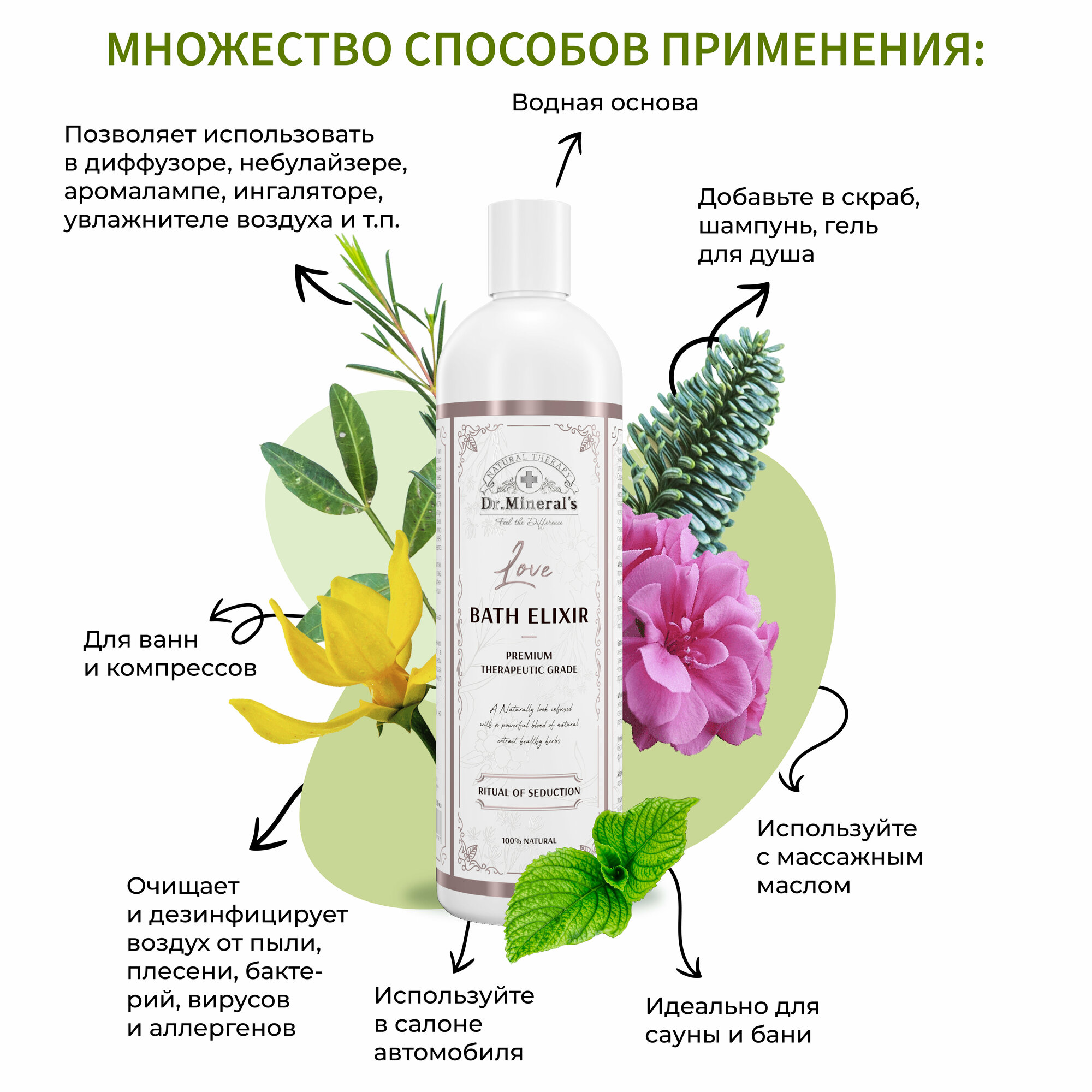 Изображение Dr. Mineral's. Экстракт для принятия ванн и купания, Эликсир Love , с афродизиаками, натуральный ароматизатор для дома, сауны и бани, 250 мл.