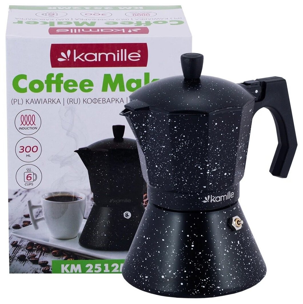 Кофеварка гейзерная Kamille, на 6 порций кофе (300 мл), из алюминия, для всех типов плит КМ-2512MR