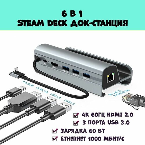 Док станция подставка для Steam Deck зарядное устройство 6 в 1 серая зарядное устройство для steam deck 6 in 1 док станция подставка