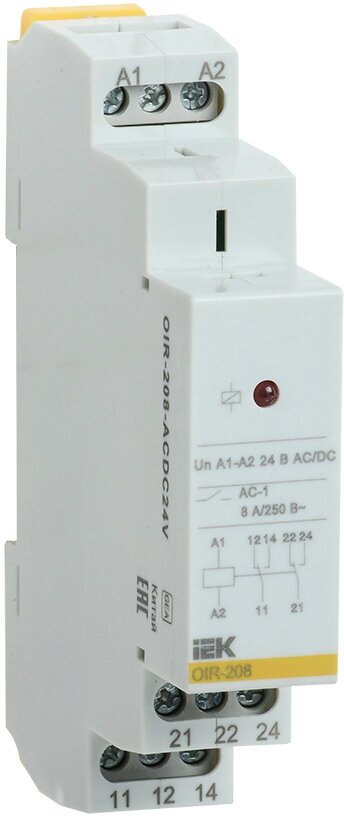 IEK ONI Промежуточное реле OIR 2 контакта (8А) 24 В AC/DC, IEK, арт. OIR-208-ACDC24V