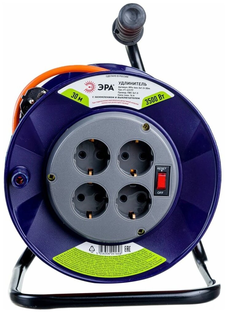 Удлинитель силовой Эра RPx-4es-3x1.5-30m (Б0043056) 3x1.5кв.мм 4розет. 30м ПВС 16A катушка черный - фото №2