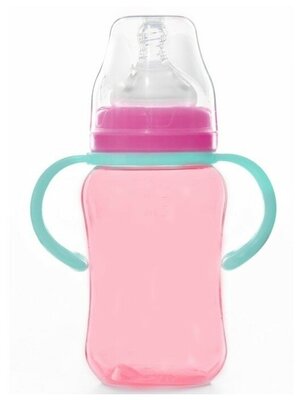 Бутылочка для кормления, широкое горло, 270 мл, с ручками, розовый/бирюзовый