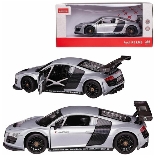 Машина металлическая 1:24 scale AUDI R8, цвет серебрянный, двери и капот открываются. машинка rastar audi r8 lms 47500 1 14 30 см белый