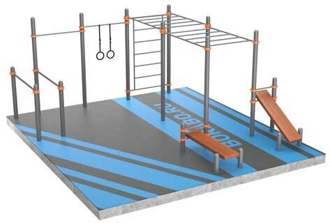 Площадка спортивная с турником, брусьями, рукоходом, скамьей для пресса, кольцами и шведской стенкой Borabo для улицы, на дачу