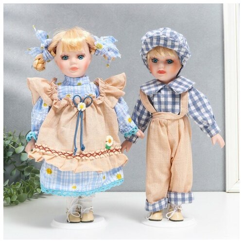 Кукла коллекционная парочка Лиза и Коля, наряды в ромашку набор 2 шт 30 см