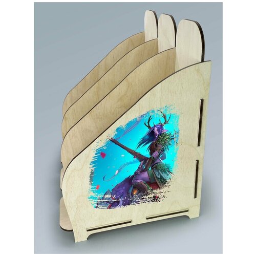 Органайзер лоток, подставка для бумаги, документов деревянная с цветным принтом 3 отделения игры варкрафт вов wow ночная эльфийка - 102