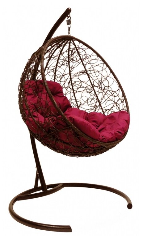 Подвесное кресло круг с ротангом коричневое, бордовая подушка - фотография № 1