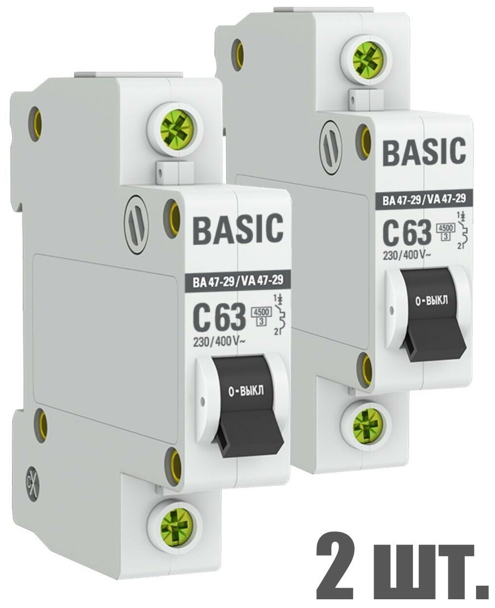 Автоматический выключатель EKF 1P 63А (C) 4,5kA ВА 47-29 EKF Basic 2 штуки
