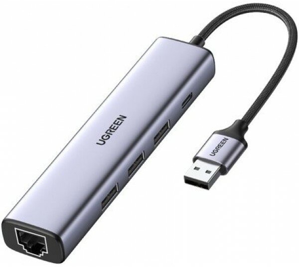Мульти Хаб UGREEN CM475 (60554) USB 3.0 to 3×USB 3.0 Hub+RJ45 Ethernet Adapter Type-C Power Supply серый