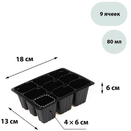 Кассета для рассады, на 9 ячеек, по 80 мл, пластиковая, чёрная, 18 × 13 × 6 см, Greengo