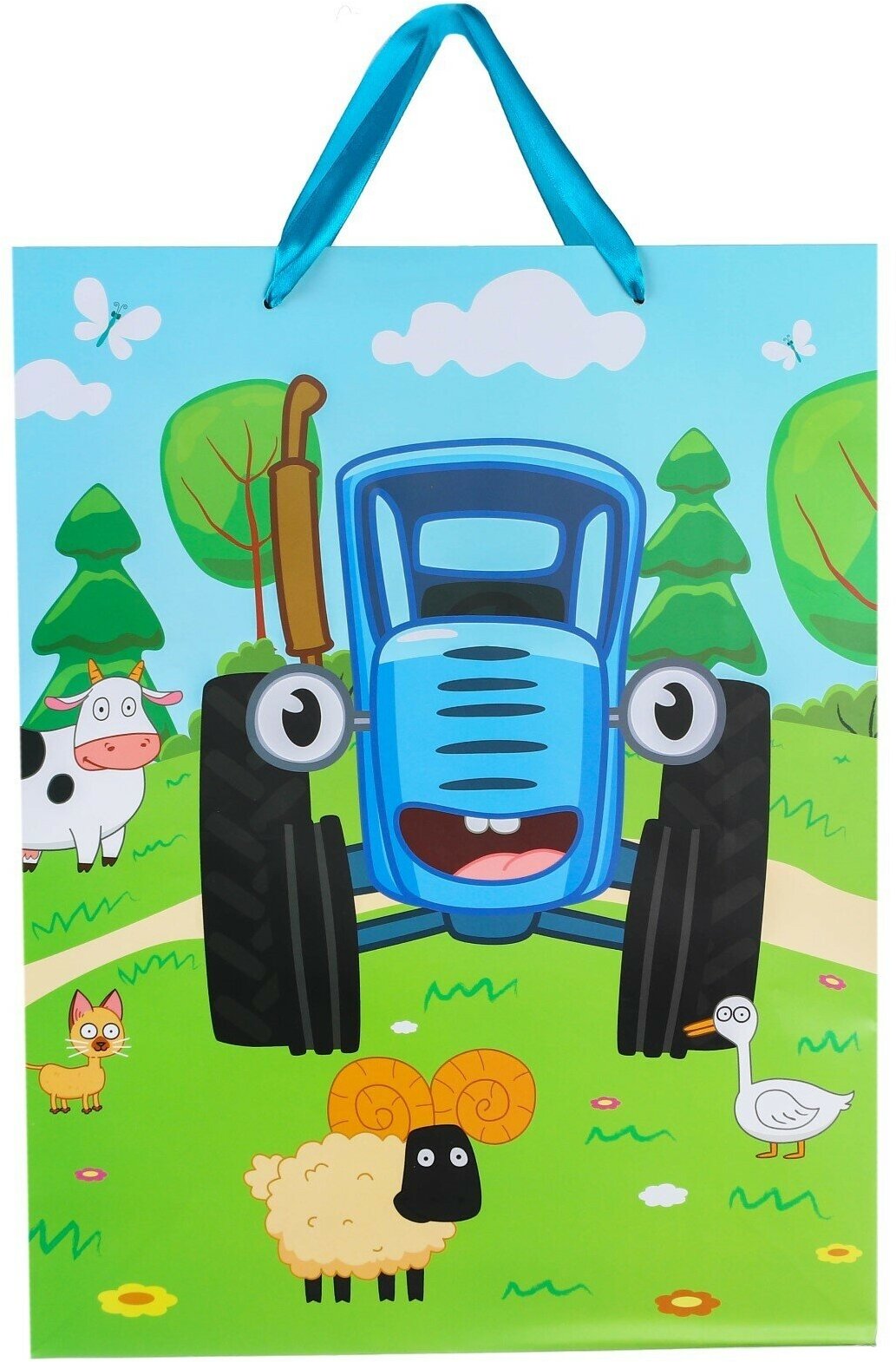 Пакет подарочный детский вертикальный "По полям", Синий трактор, 31 х 40 х 11,5 см
