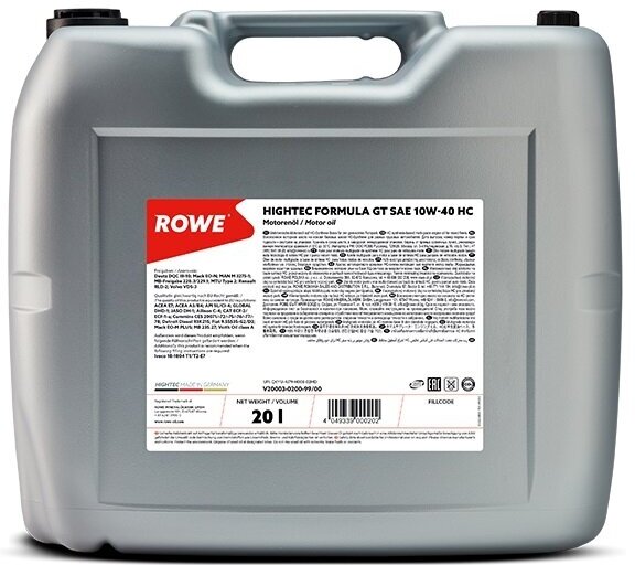 Синтетическое моторное масло ROWE Hightec Formula GT SAE 10W-40 HC, 20 л