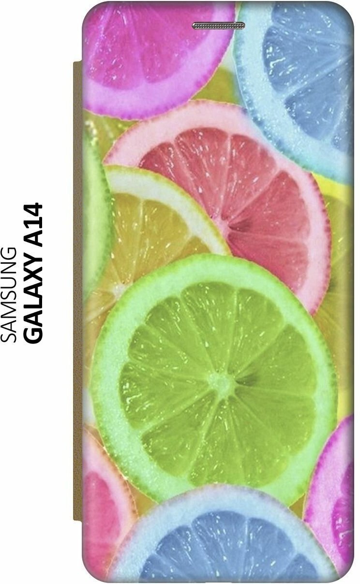 Чехол-книжка на Samsung Galaxy A14, Самсунг А14 c принтом "Разноцветные лимоны" золотистый