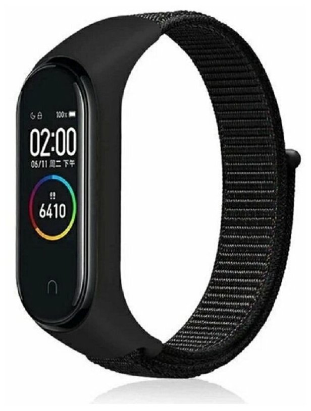 Ремешок нейлоновый для Xiaomi Mi Band 3/4/5/6/7 (13), угольно-черный, на липучке