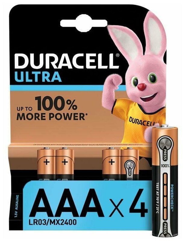 Duracell Батарейка алкалиновая AAA LR03/MX2400 Ultra Power 1.5v (блистер 4 шт.)