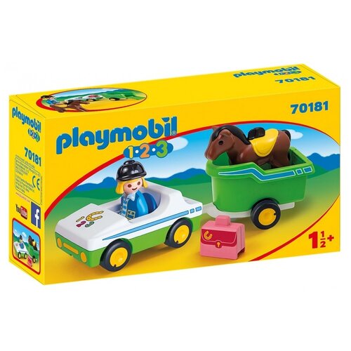 фото Набор с элементами конструктора playmobil 1-2-3 70181 машина с трейлером для лошади