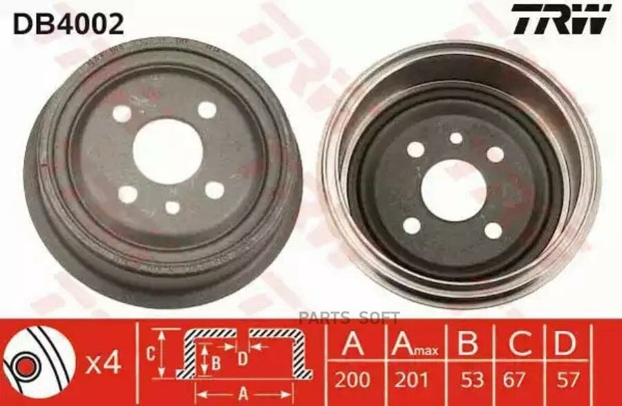 TRW DB4002 Барабан тормозной Opel Askona, Kadett, Vectra 200x52