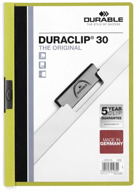 Папка с клипом Durable Duraclip, до 30 листов, А4, ПВХ Светло-зеленый