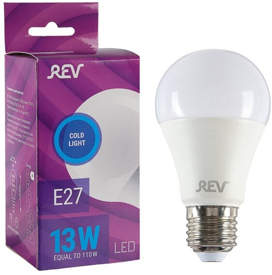 Лампа светодиодная REV LED, Е27, A60, 13 Вт, 6500 K, дневной свет