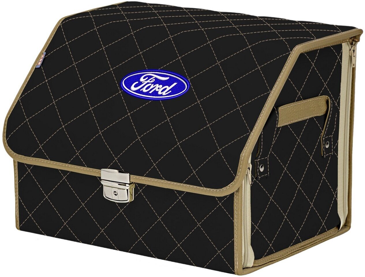 Органайзер-саквояж в багажник "Союз Премиум" (размер M). Цвет: черный с бежевой прострочкой Ромб и вышивкой Ford (Форд).