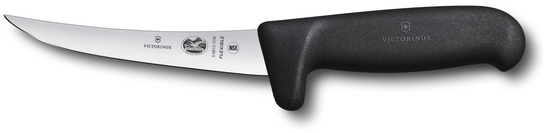 Нож кухонный Victorinox Fibrox, разделочный, 120мм, заточка прямая, стальной, черный [5.6613.12m]