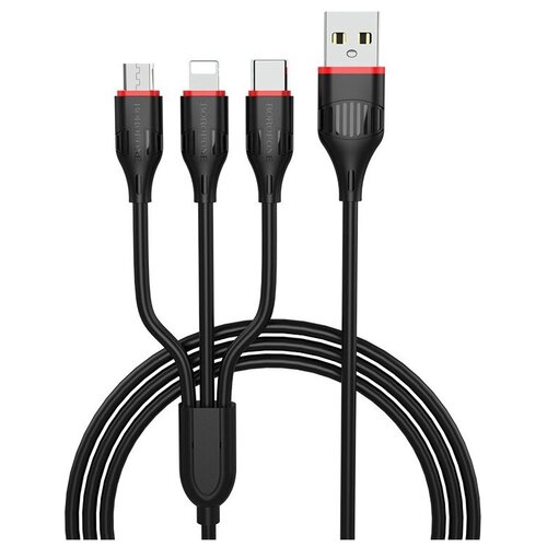 Кабель Borofone USB - micro-USB/Lightning/USB Type-C (BX17), 1 м, 1 шт., черный кабель usb 3 в 1 micro lightning type c bx17 borofone белый