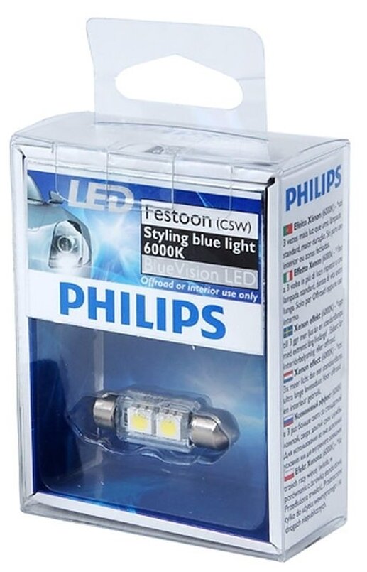 Лампа автомобильная светодиодная Philips Blue Vision Led P-12859LED C5W 5W SV8.5