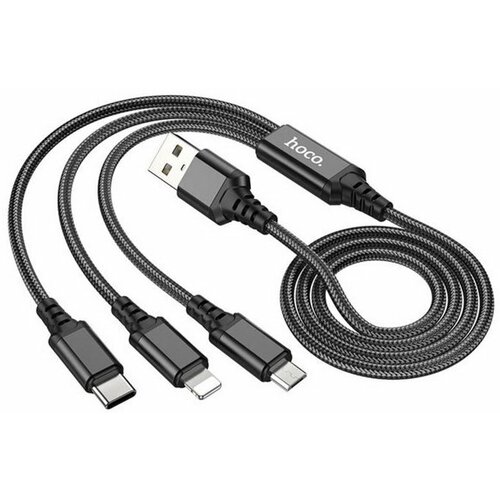 Кабель BX76, 3 в 1, microUSB/Lightning/Type-C - USB, 2 А, тканевая оплётка, 1 м, чёрный кабель 3 в 1 luazon microusb type c lightning usb 2 а 1 м оплётка нейлон черный