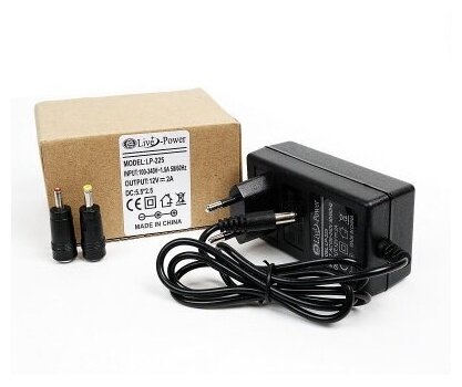 Блок питания универсальный .12V Live-Power LP225 12V/2A (штекер 5,5*2,5) + 2 насадки/штекера (5.5*1.7/3.5*1.35) подходит для Триколор ТВ и НТВ+