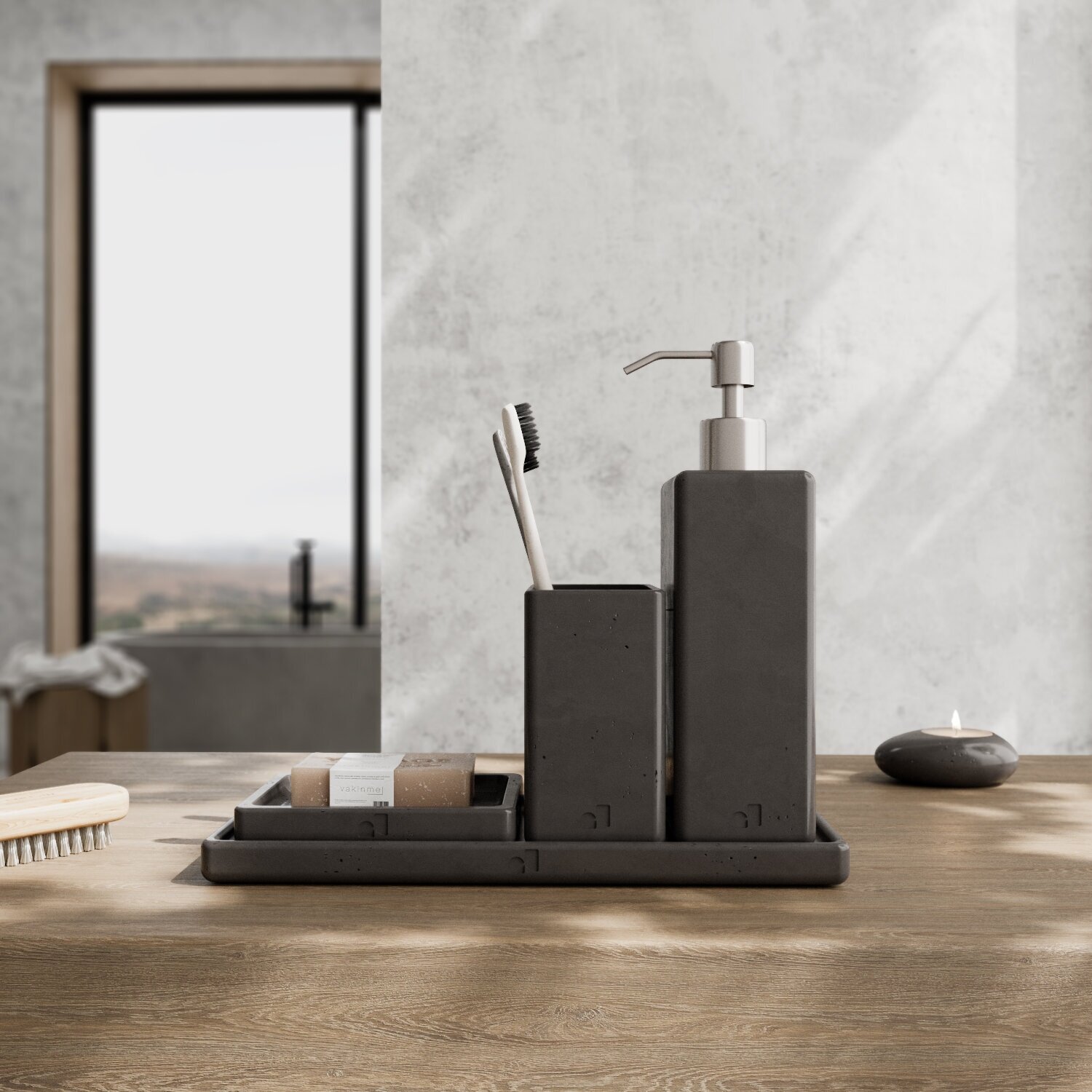 Набор аксессуаров для ванной комнаты "Oxford" арт бетон темно-серый, 4 предмета: дозатор, стакан, мыльница, поднос