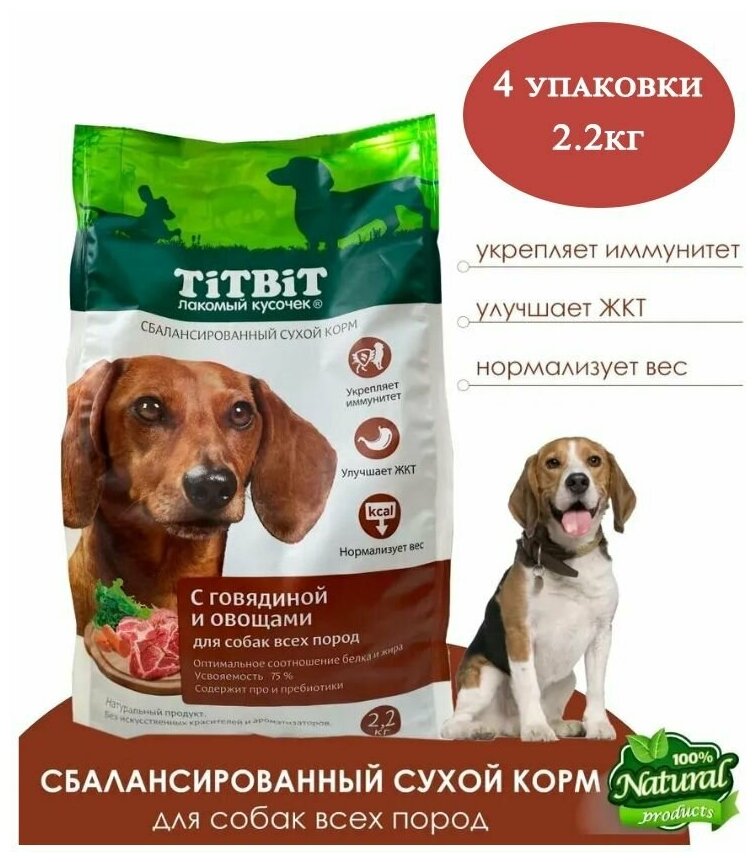 TiTBiT 2.2кг х4шт Корм сухой для собак всех пород, полнорационный, с говядиной и овощами, титбит 2200г