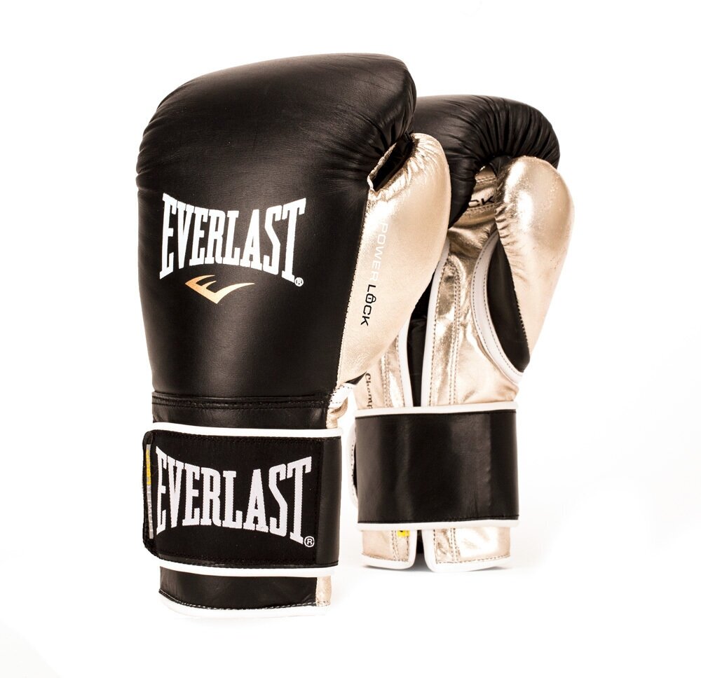 Боксерские перчатки тренировочные, натуральная кожа Everlast Powerlock - Черный/Золотой (12 oz)