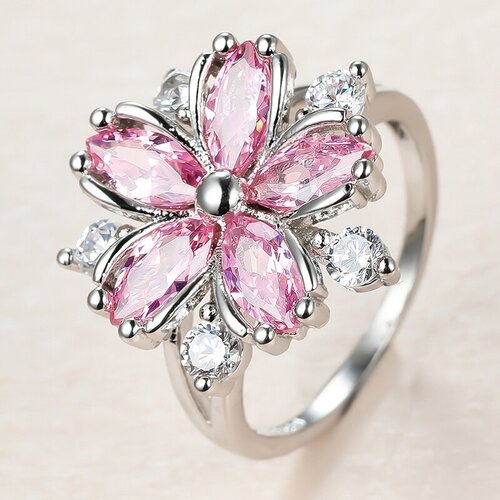 Кольцо помолвочное, фианит, размер 18, белый, розовый