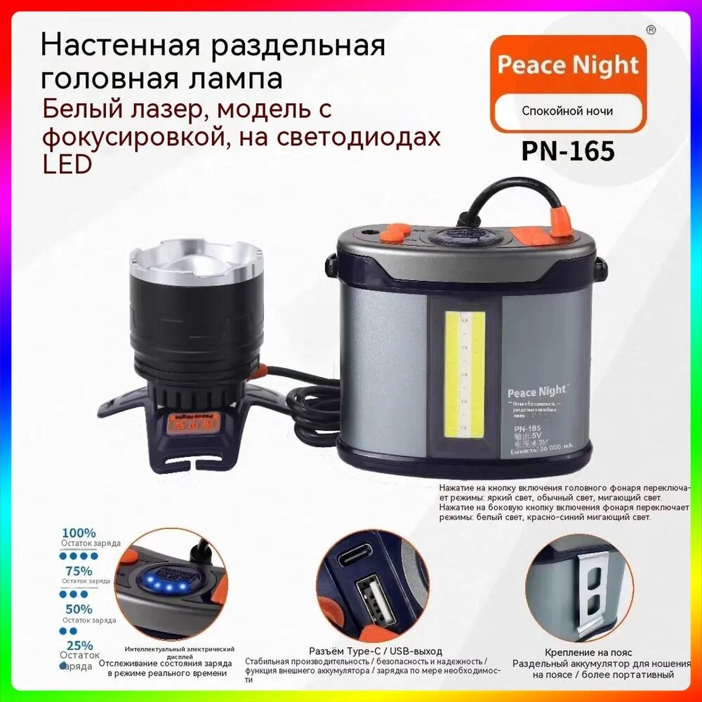 Фонарь-прожектор PN-165, 2000 лм, дальность луча 200 м, IP68, 5 режимов, серый — фото 1