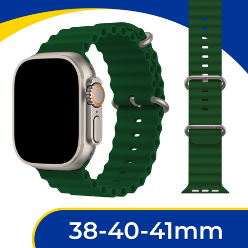 Силиконовый ремешок Ocean Band на смарт часы Apple Watch 1-9, SE, 38-40-41 мм / Сменный браслет для Эпл Вотч 1, 2, 3, 4, 5, 6, 7, 8, 9, СЕ / Зеленый screen protector for apple watch case 44mm 45mm 41mm 40mm iwatch 6 se 5 4 3 42mm 38mm tempered glass cover apple watch series 7