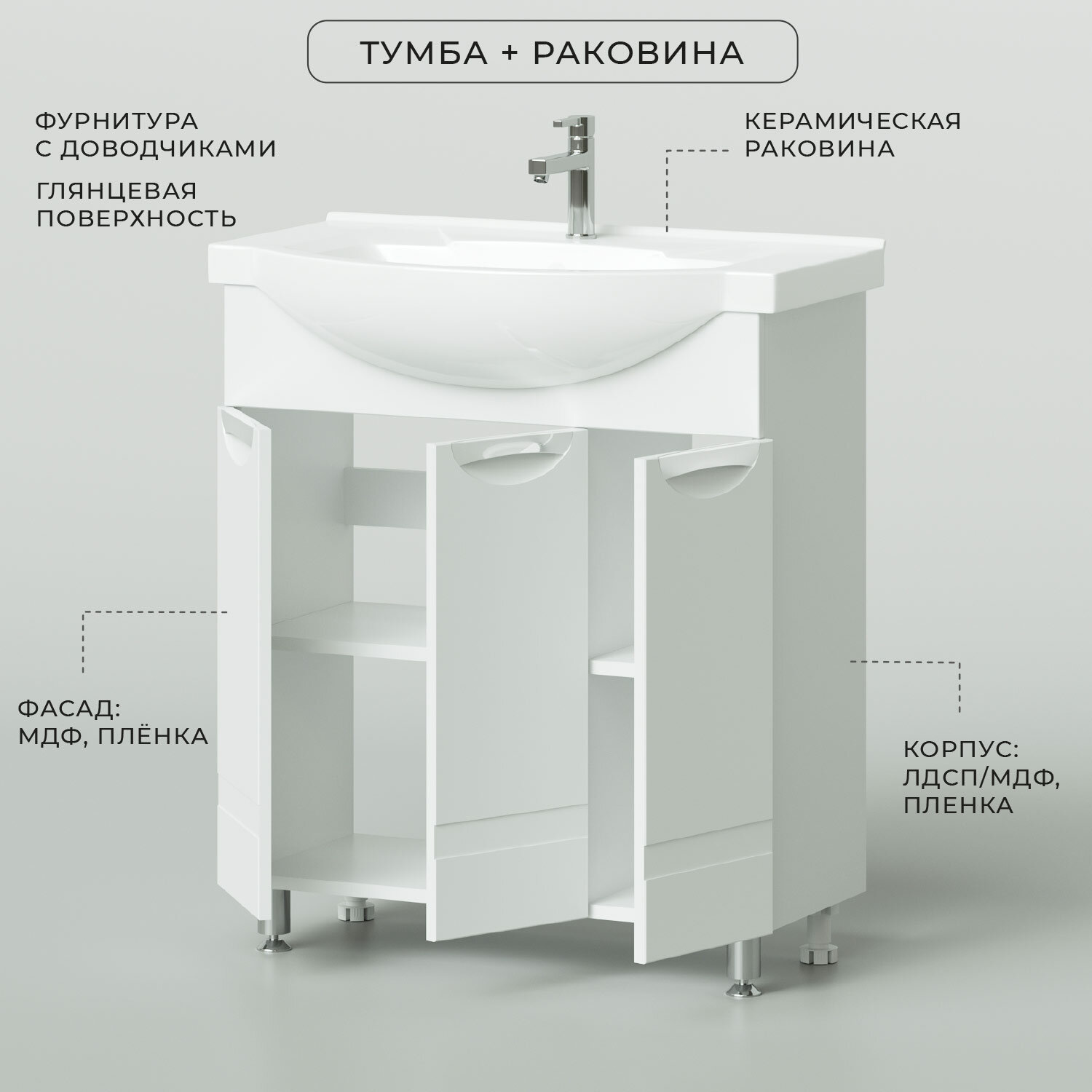 Тумба с раковиной в ванную / Тумба для ванной / Раковина с тумбой для ванной IKA Адель 75 760х450х870 Белый глянец напольная - фотография № 3