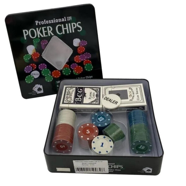 Набор в металлической банке Покер (100 фишек с номиналом по 4 гр, 2 колоды карт)
