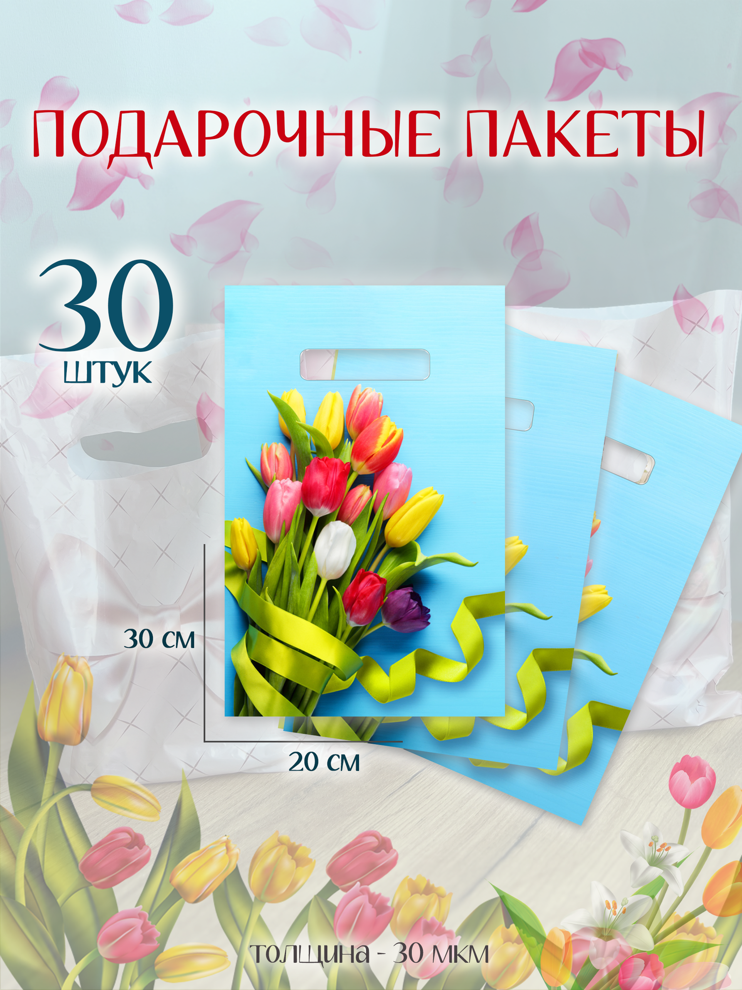 Набор подарочных пакетов с ручками 20х30 см, 30 шт