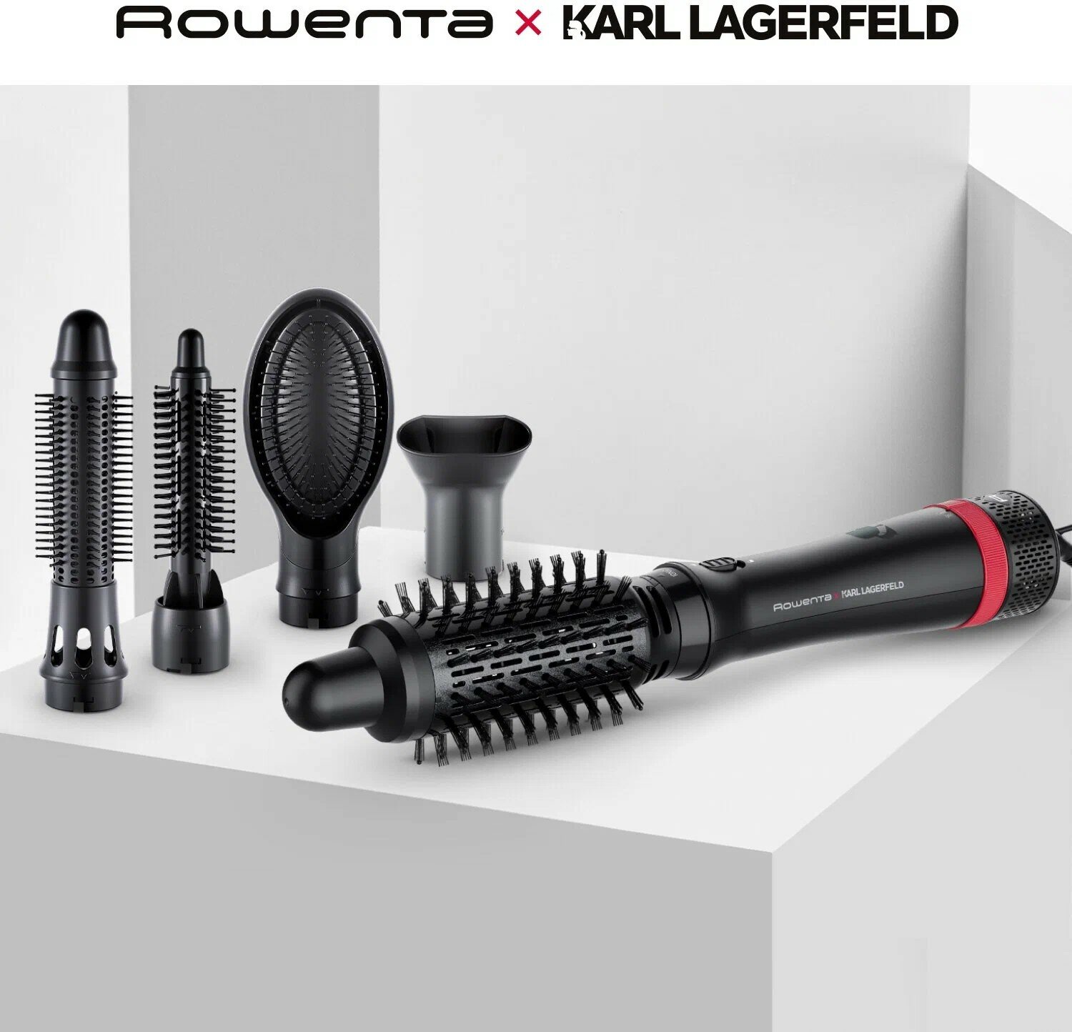 Фен-щетка 5в1 Rowenta Karl Lagerfeld Express Style CF634LF0 с 4 насадками и чехлом, 3 режима, 800 Вт, черная/красная
