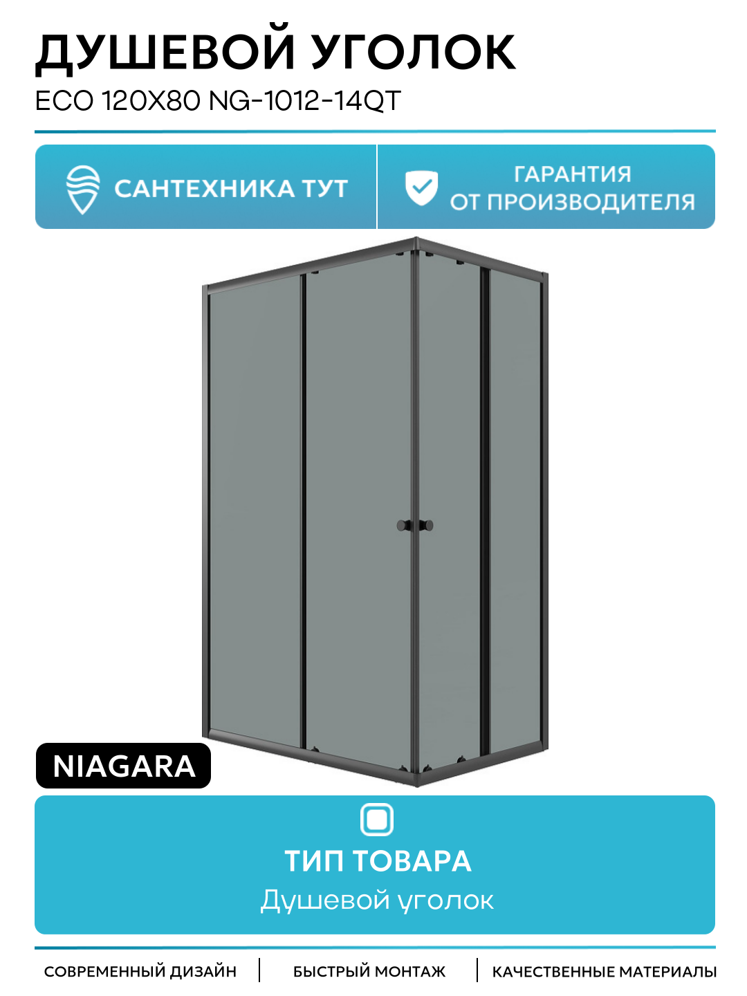 Душевой уголок Niagara Eco 120х80 NG-1012-14QT профиль цвет Черный матовый стекло тонированное