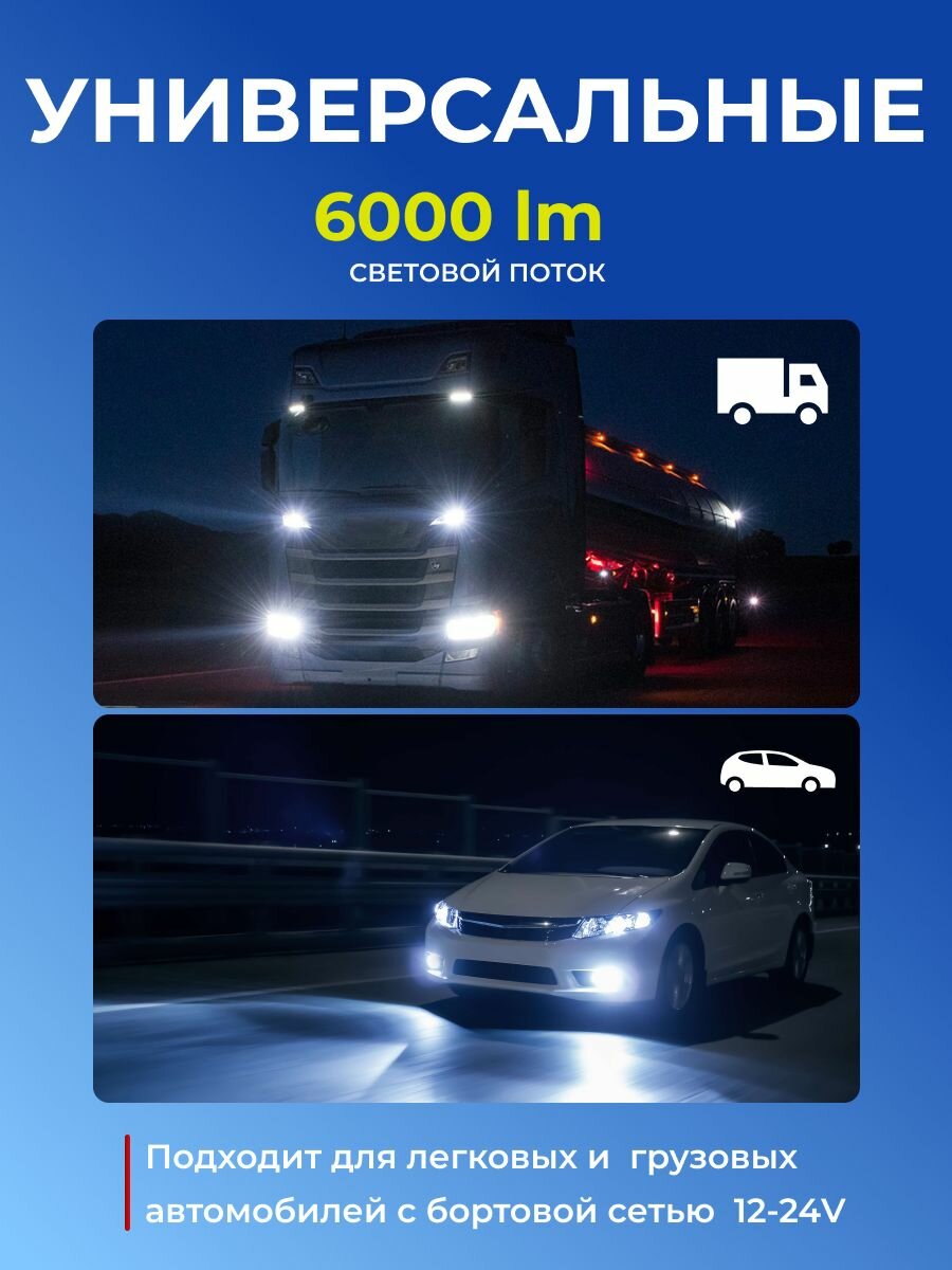 Лампы LED H8/H9/H11/H16 светодиодные, яркие для легковых и грузовых автомобилей / 100W, набор 2 штуки, белый свет — фото 1