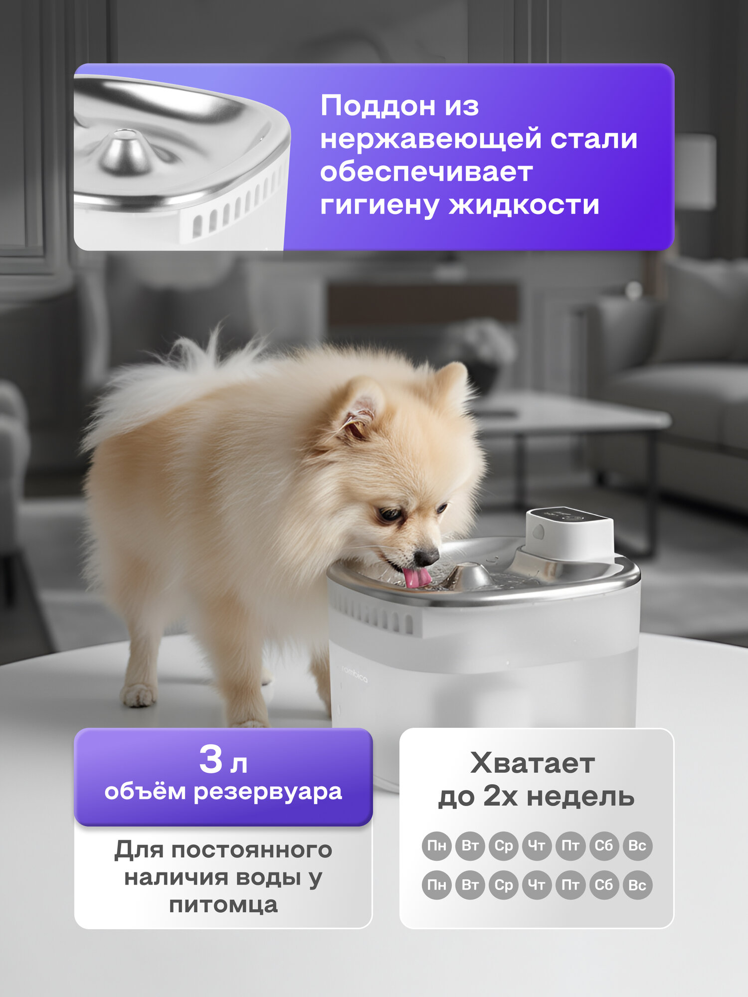 Поилка фонтан беспроводная для кошек и собак автоматическая Rombica myPet Ray с датчиком движения, 3л — фото 7