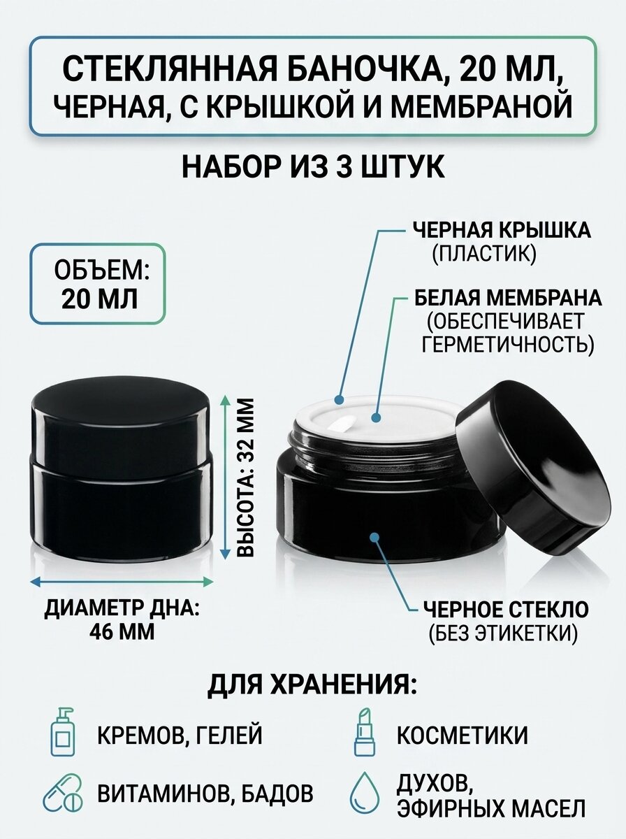 Банка стеклянная 20 мл черная с мембраной и черной крышкой, тара для крема, масок, твердых духов, 3 штуки