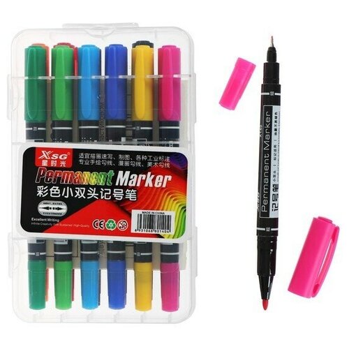Набор маркеров перманентных 12 цветов двусторонних 0,5 мм/1,0 мм в пластиковом пенале, 1 набор